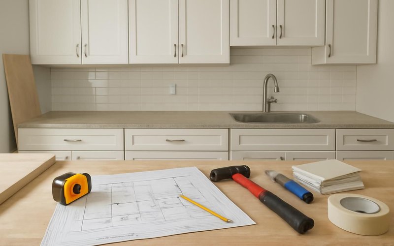 AI concept: Designer and homeowner reviewing kitchen plans