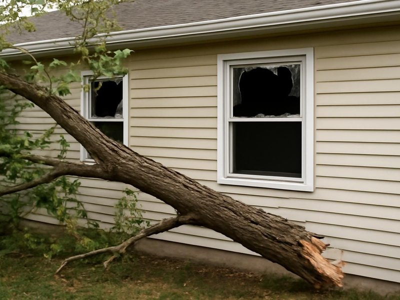 AI concept: Existing condition: oak limb resting against a side wall with two broken windows