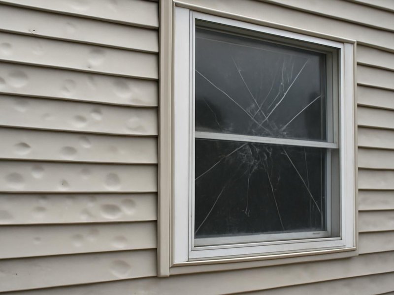 AI concept: Existing condition: hail-dented aluminum siding and cracked window glass