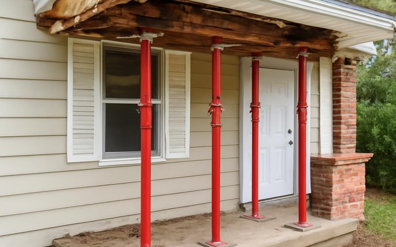 AI concept: Steel shoring posts under a damaged porch