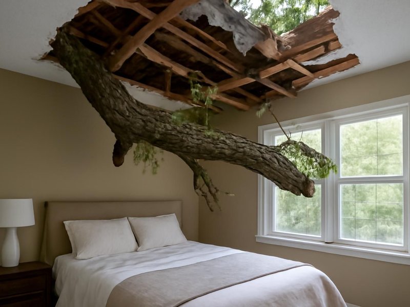 AI concept: Existing condition: oak limb through the roof over a bedroom