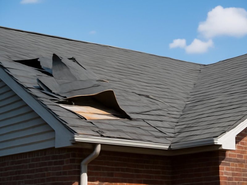 AI concept: Existing condition: shingles peeled off a slope by straight-line wind