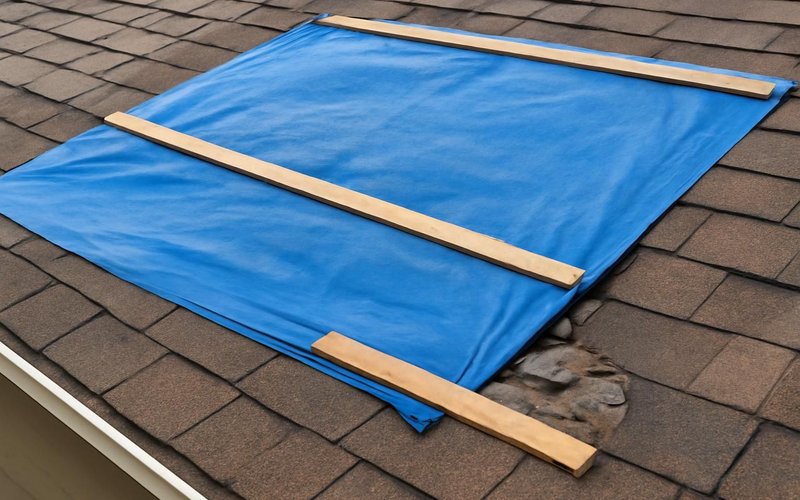 AI concept: Reinforced tarp battened over a storm-damaged roof