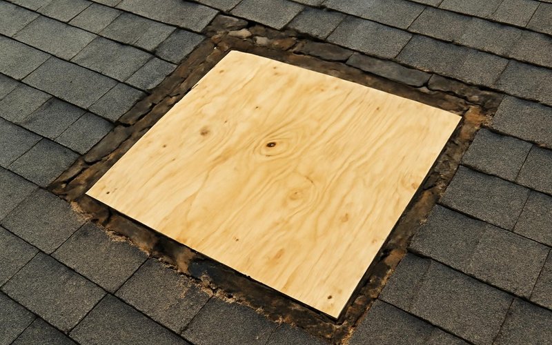 AI concept: Plywood board-up over a hole in a roof deck
