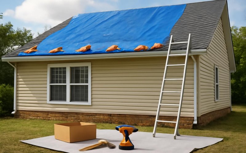 AI concept: Roofer securing an emergency tarp after a storm