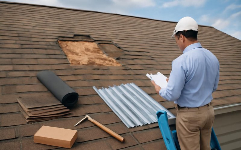 AI concept: Roofer and insurance adjuster inspecting a roof together