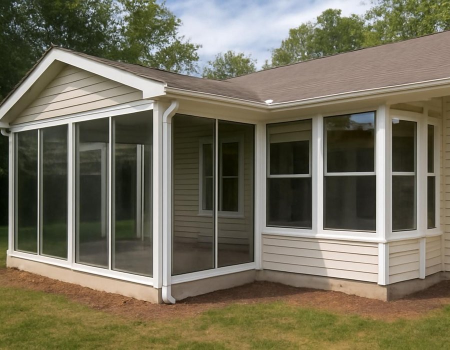 Unheated three-season room with slim frames on the left, insulated four-season room with knee walls on the right