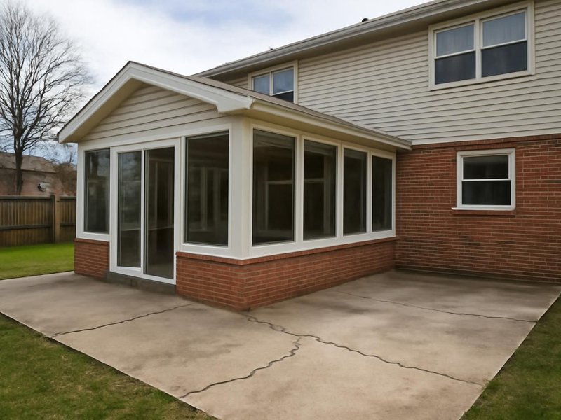 Before: cracked concrete patio behind a split-level house