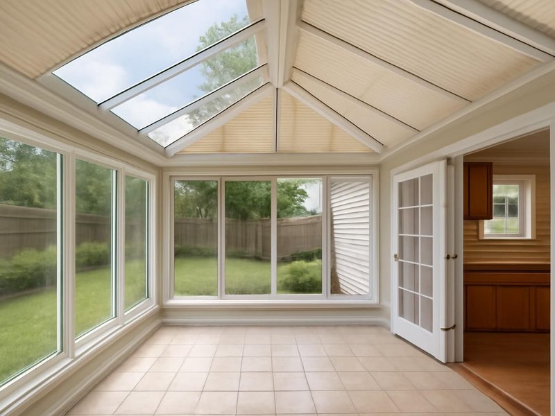 After: glass-roof garden room opening from the kitchen with shades overhead