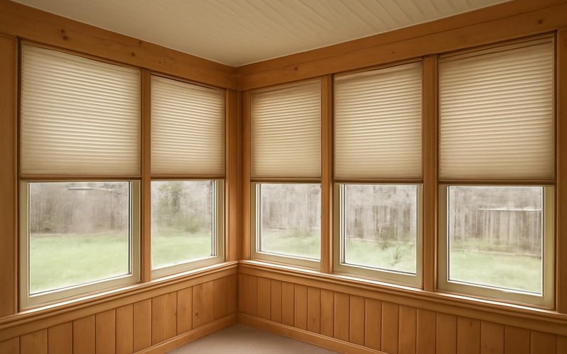 Cellular shades lowered over sunroom windows