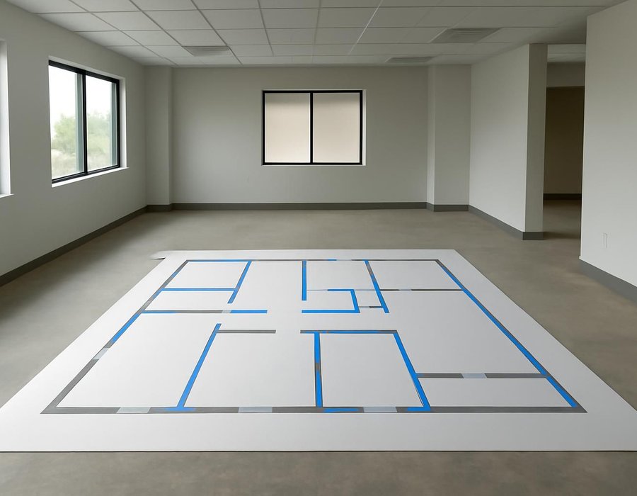 AI concept: Office floor plan with existing walls kept in gray and new walls drawn in blue