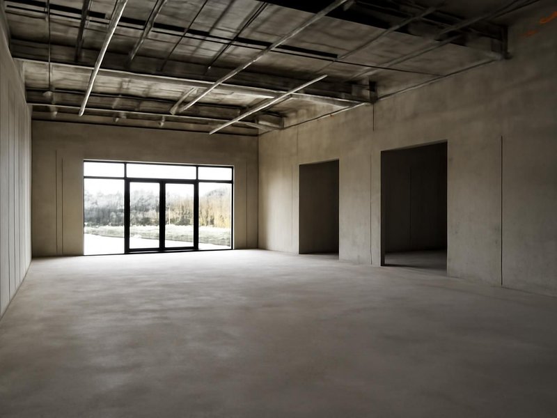 AI concept: Existing condition: cold, dark retail shell with bare concrete and no ceiling