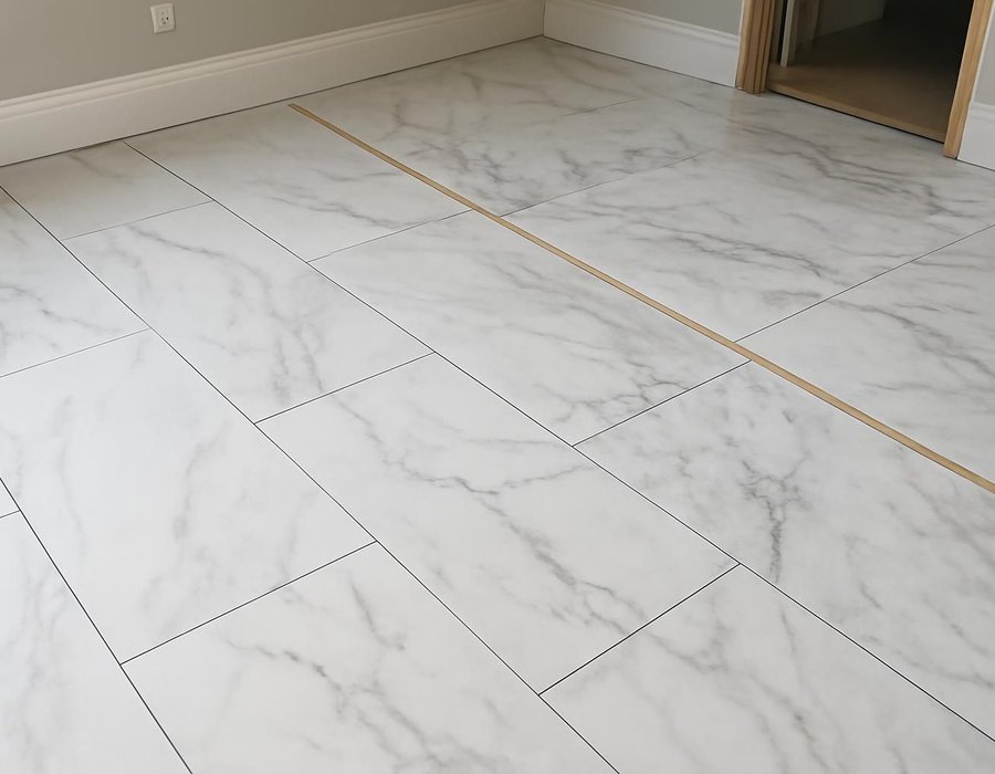 Marble-look porcelain tile on the left, real Carrara marble tile on the right