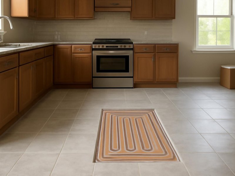 After: 24-inch porcelain tile across the kitchen with a heated zone