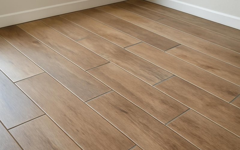 Wood-look porcelain tile planks on a floor