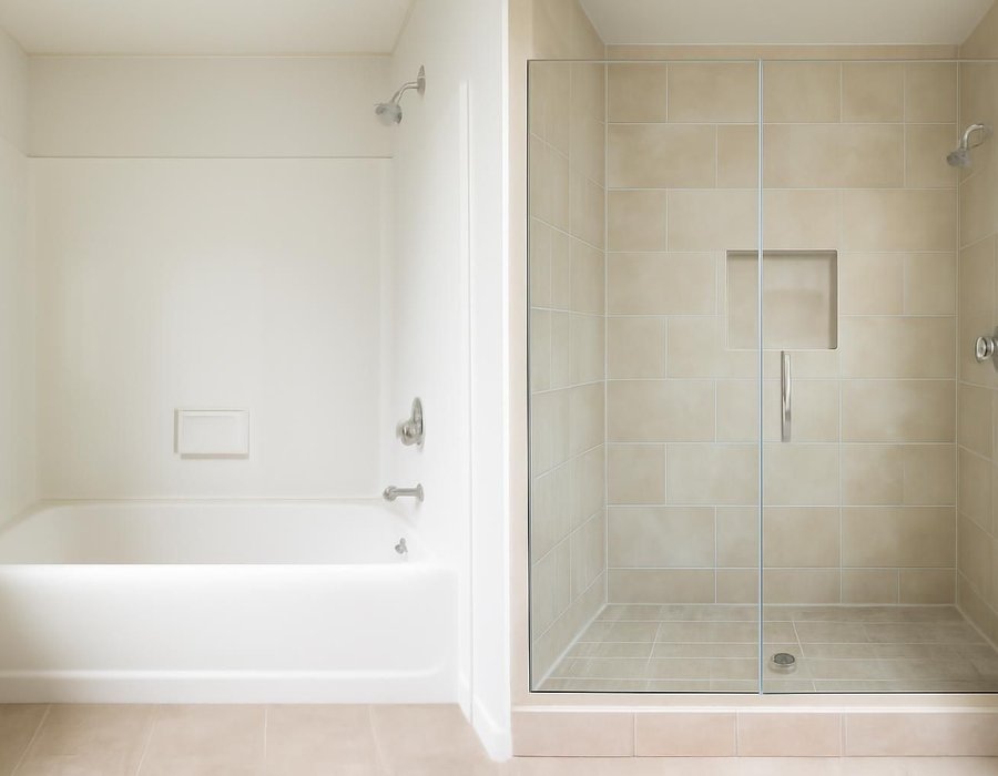 AI concept: Standard tub alcove before and after conversion to a tiled walk-in shower with glass