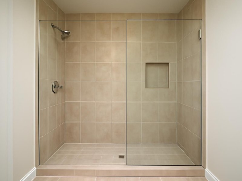 AI concept: Remodeled idea: tiled shower to the ceiling with a niche and frameless glass