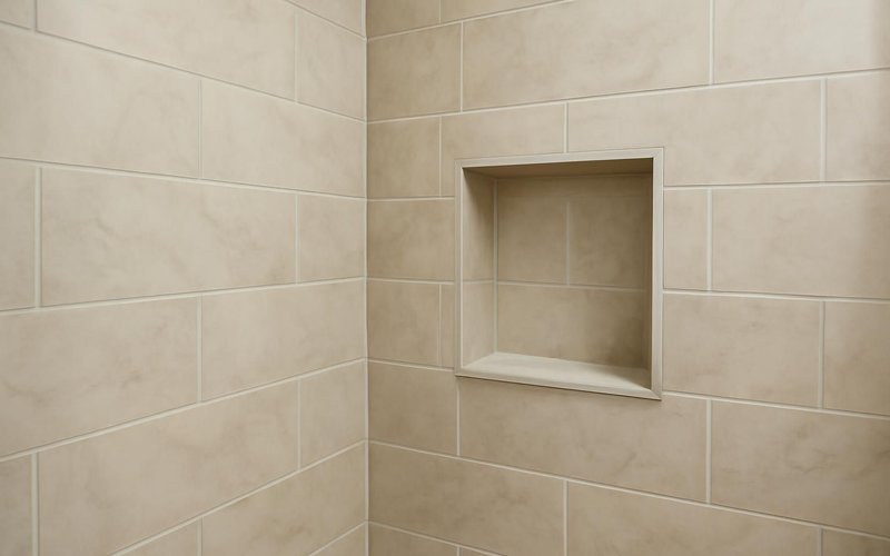 AI concept: Porcelain tile shower walls with a recessed niche