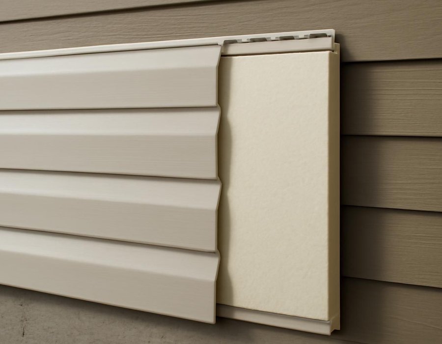 AI concept: Standard vinyl panel beside an insulated vinyl panel with its foam backer showing