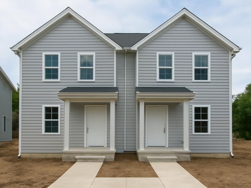 AI concept: Remodeled idea: duplex in standard vinyl in light gray with white trim