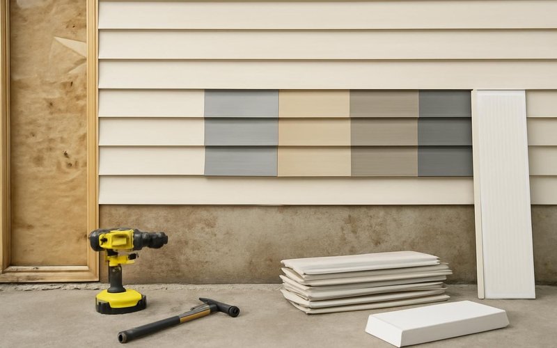 AI concept: Homeowner comparing vinyl siding samples on the wall