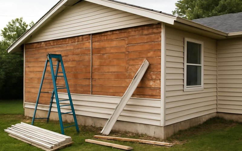 AI concept: Crew removing old aluminum siding from a ranch house