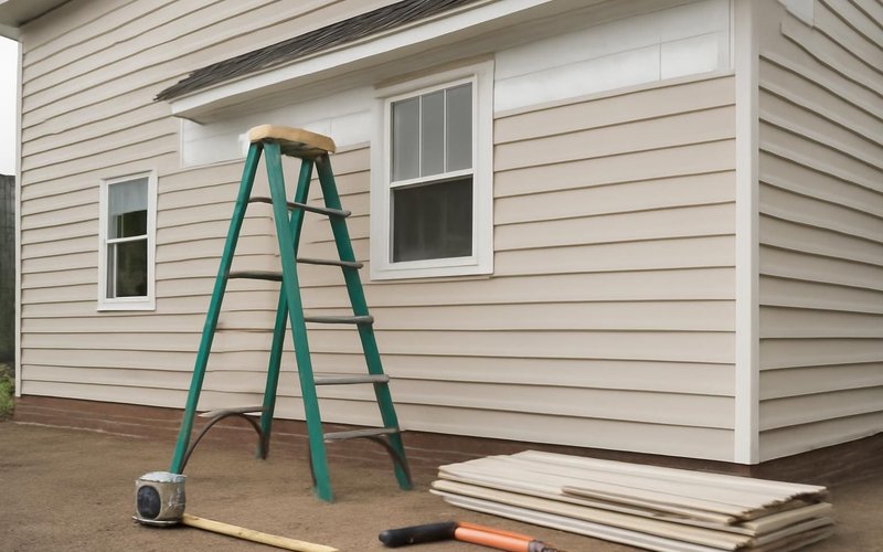 AI concept: Crew hanging vinyl siding panels on a two-story house