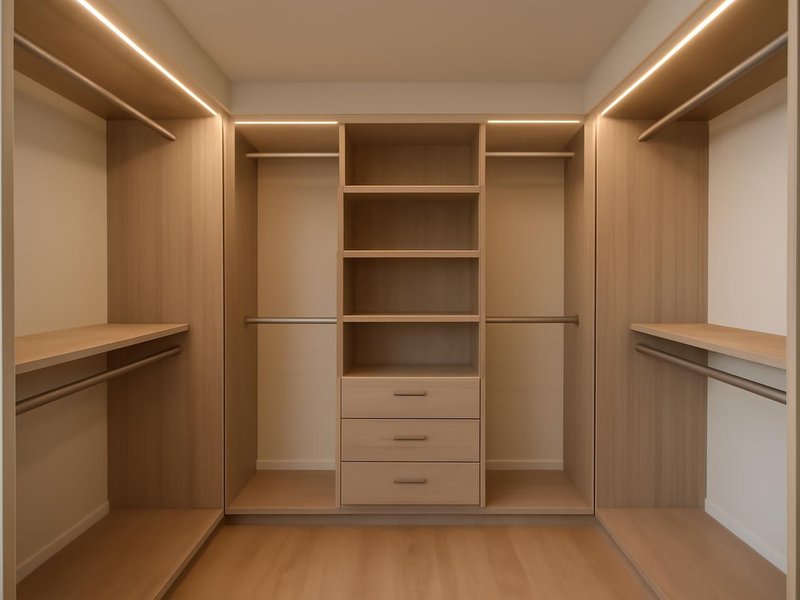After: same walk-in with double hanging, drawers and LED strips
