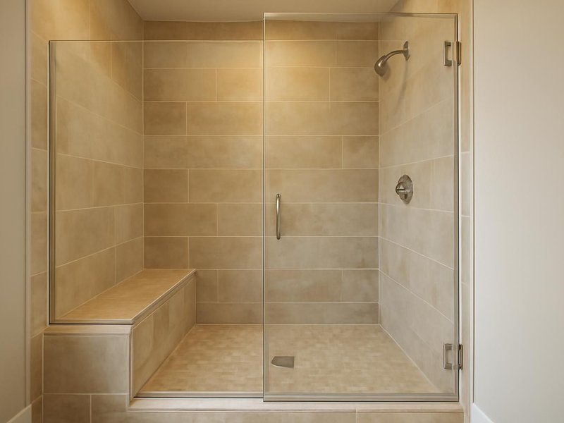 AI concept: Remodeled idea: tiled walk-in with a bench, linear drain and frameless glass
