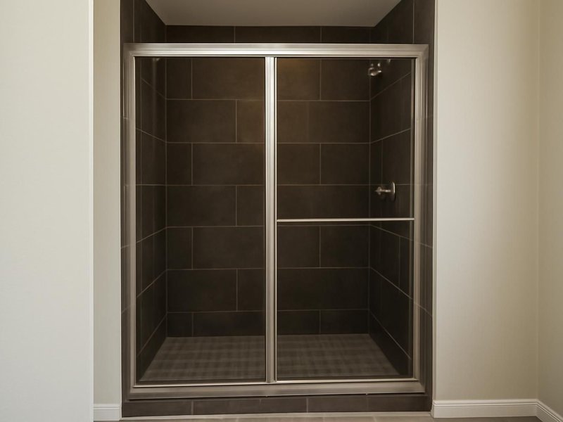 AI concept: Existing condition: dark corner shower with a framed sliding door