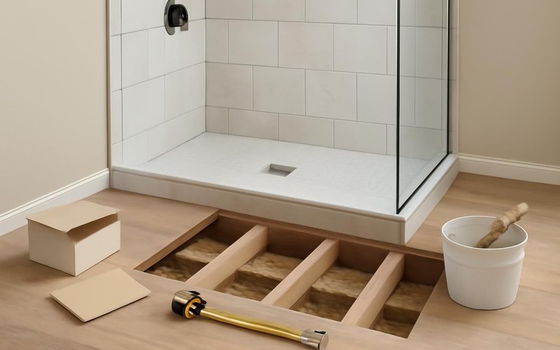 AI concept: Supervisor checking floor joists under a bathroom