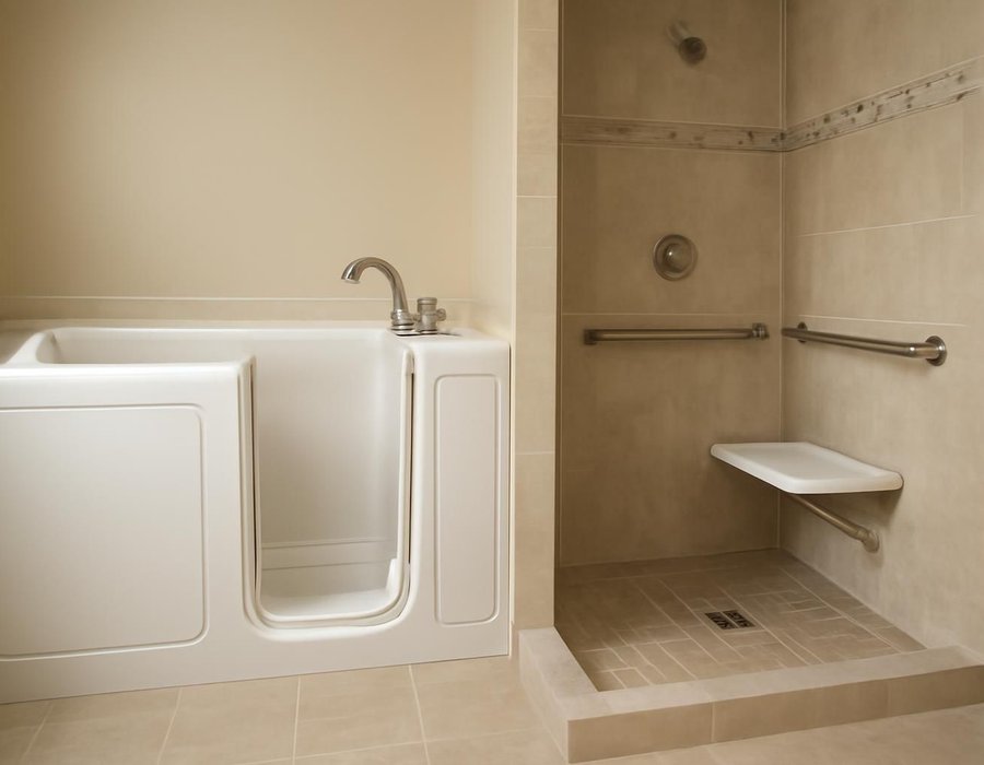 AI concept: Walk-in tub with an open door beside a curbless shower with a fold-down seat