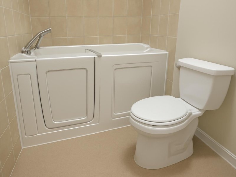 AI concept: Remodeled idea: compact walk-in tub, comfort-height toilet and slip-resistant floor