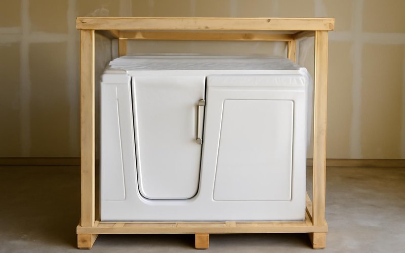 AI concept: Walk-in tub crated for delivery
