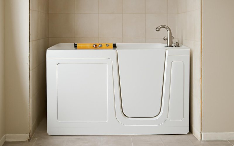 AI concept: Walk-in tub being leveled in an alcove