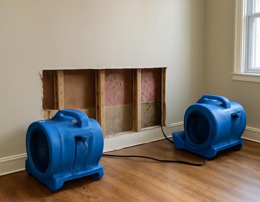 AI concept: Drywall drying in place with air movers beside a wall opened with a flood cut