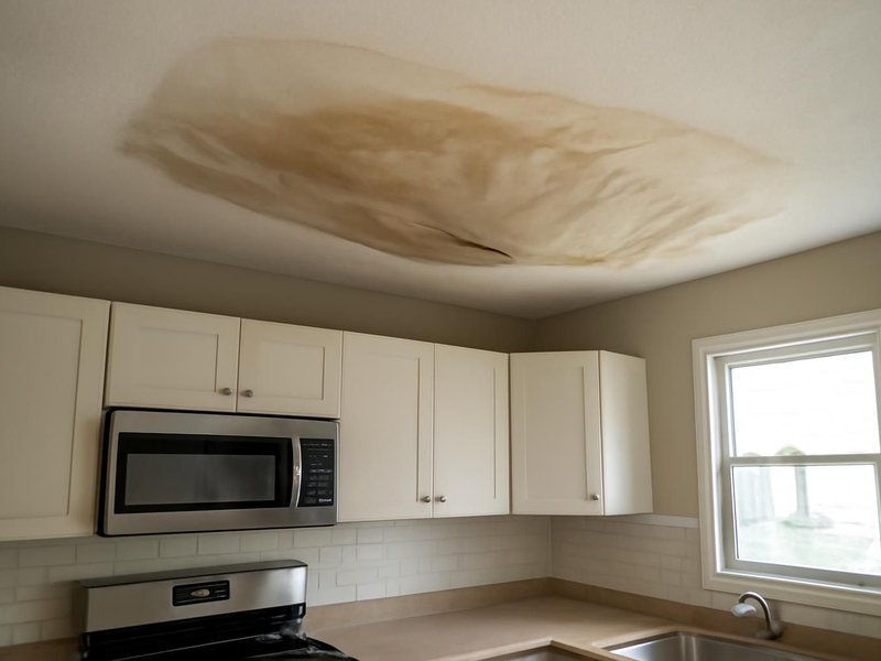 AI concept: Existing condition: kitchen ceiling sagging under water from a burst upstairs pipe
