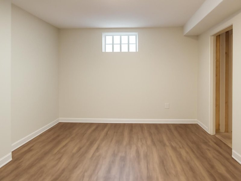 AI concept: Remodeled idea: basement dried, walls rebuilt and new vinyl plank floor