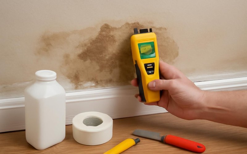 AI concept: Technician checking a moisture reading on drywall