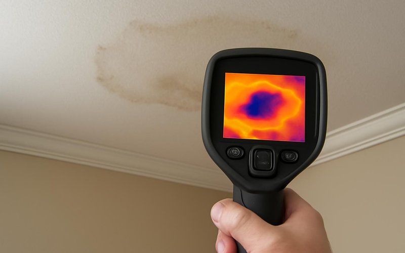 AI concept: Thermal camera showing a wet area on a ceiling