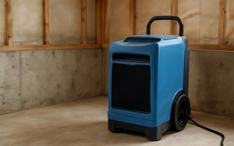 AI concept: Commercial dehumidifier running in a basement