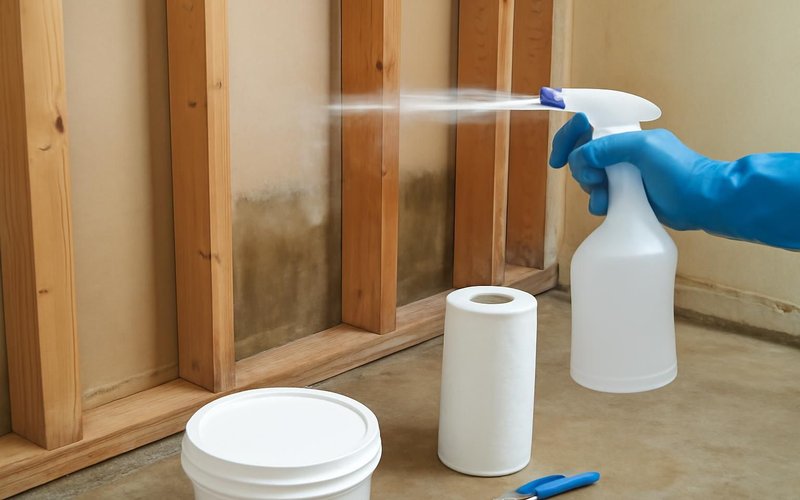 AI concept: Technician spraying antimicrobial on wall studs