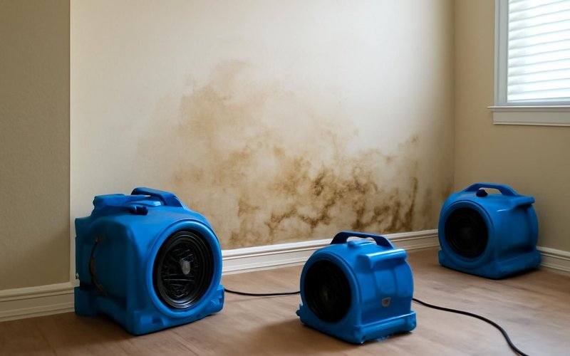 AI concept: Air movers drying a wall after a leak