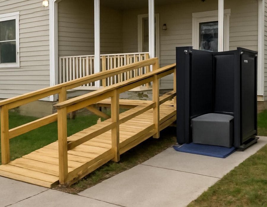AI concept: Switchback wooden ramp beside a vertical platform lift at a porch
