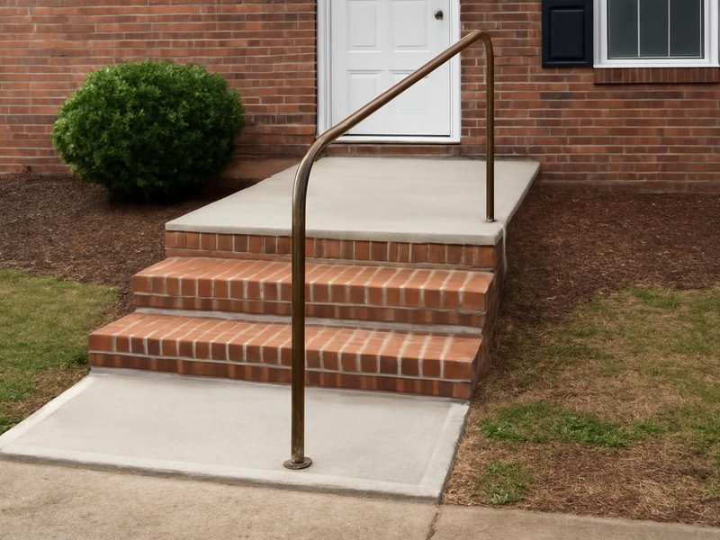 AI concept: Existing condition: four brick steps with a single rusted rail