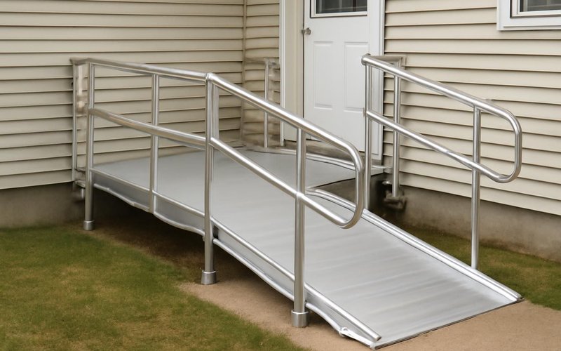 AI concept: Modular aluminum ramp with rails at a front door