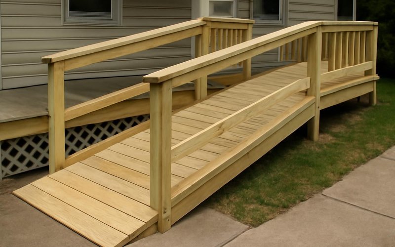 AI concept: Pressure-treated wood ramp along a porch