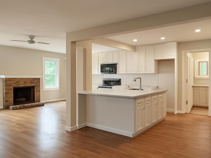 After: ranch with a wall removed, open kitchen and updated hall bath