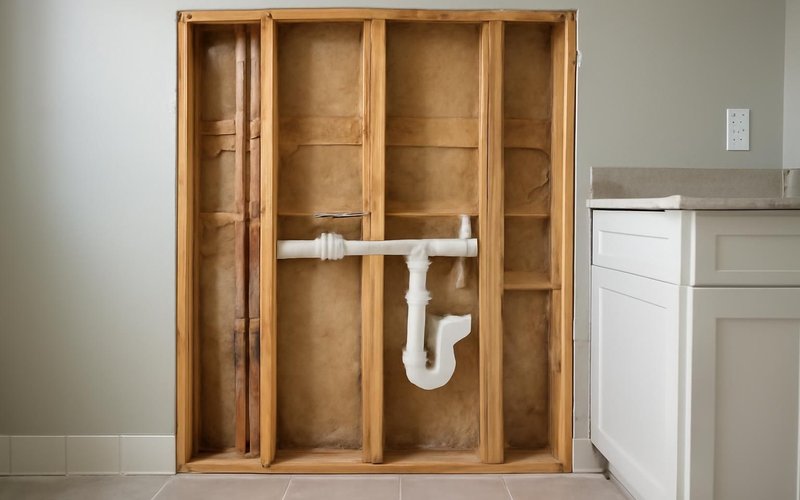 Opened bathroom wall showing new plumbing rough-in