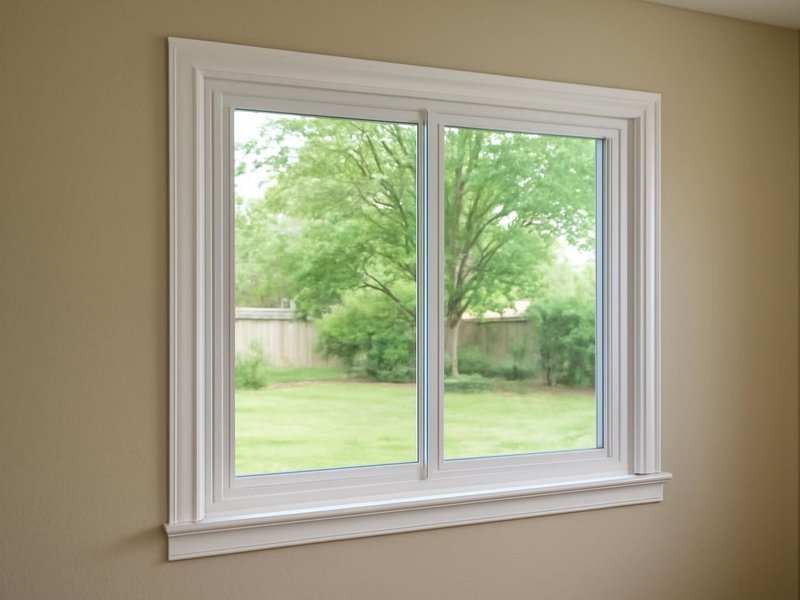 After: white vinyl sliders with low-E glass and new trim